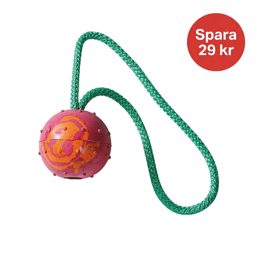 Boll med grönt rep och etiketten Spara 29 kr